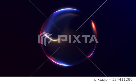 Minimal multicolored gradient sphere softly glowing in dark space. Abstract futuristic energy orb for digital design, creative concepts, technology visuals and modern backgrounds. 134411290