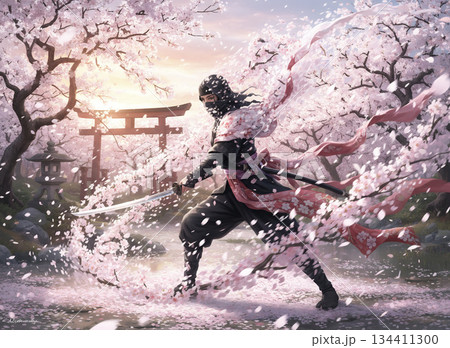 桜が舞い散る　女性忍者桜隠れの術 134411300