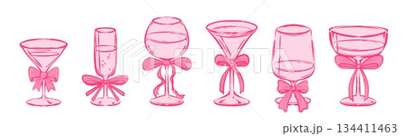 Cocktail glass set with pink bow ribbons 134411463
