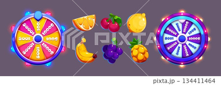 Fortune wheel game assets with slot fruit icons 134411464