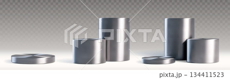 Silver metal cylinder podium set with 3d stands 134411523