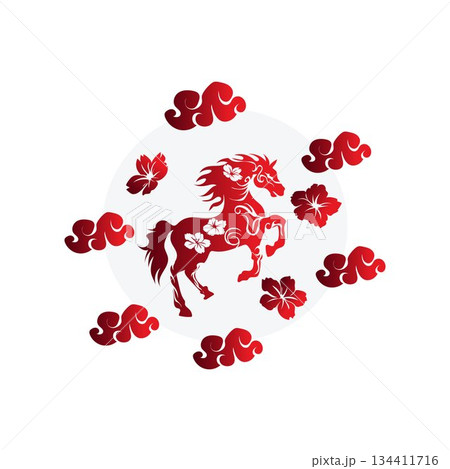 Golden Horse with Floral Accents on Red Background Golden Horse with Floral Accents on Red Background 134411716
