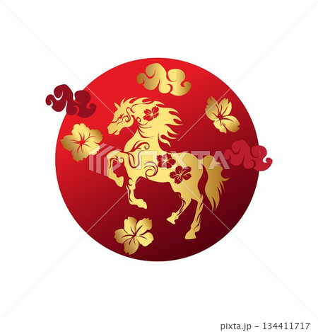 Golden Horse with Floral Accents on Red Background 134411717