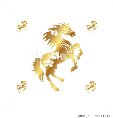 Golden Horse with Floral Accents on Red Background 134411718