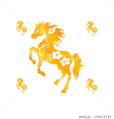 Golden Horse with Floral Accents on Red Background Golden Horse with Floral Accents on Red Background 134411719