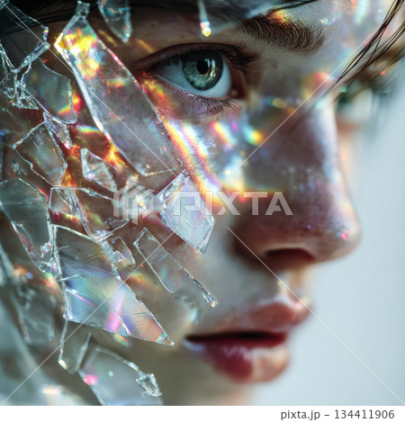 Conceptual close-up portrait of a woman seen through broken glass with rainbow refractions. Identity, vulnerability, psychology, emotion, inner conflict. High quality photo 134411906