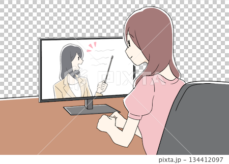 オンラインで説明を受ける女性のイラスト 134412097