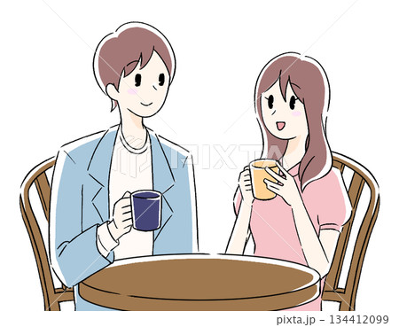 カフェで会話を楽しむ男女のイラスト 134412099