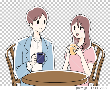 カフェで会話を楽しむ男女のイラスト 134412099