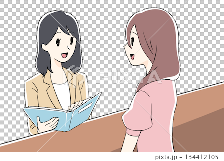 Illustration of a woman giving explanations and advice 134412105