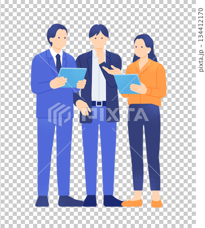 Digital transformation and paperless work. Illustration of business people discussing and considering a woman's proposal on a tablet. 134412170