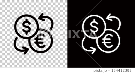 美元和歐元轉帳的貨幣圖標，以及代表匯率的硬幣圖標 134412395