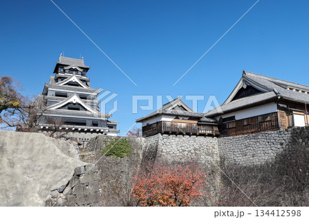 熊本城　南門特別見学路から望む二様の石垣本丸御殿と天守閣 134412598