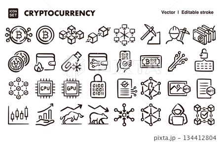 暗号通貨、仮想通貨の手描きアイコンイラストセット　EPS版は線の太さ等編集可能 134412804