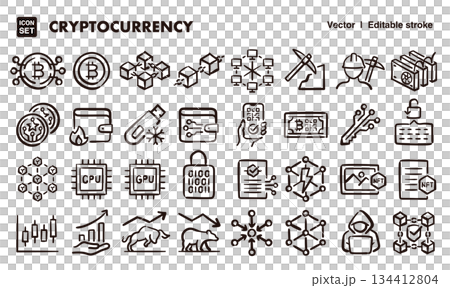 暗号通貨、仮想通貨の手描きアイコンイラストセット　EPS版は線の太さ等編集可能 134412804