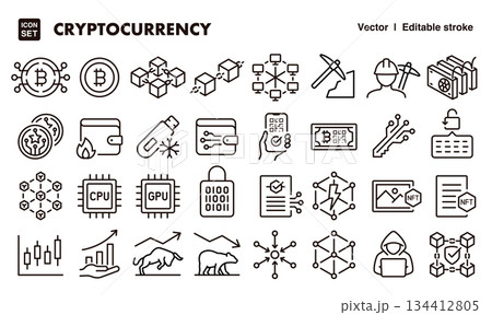 暗号通貨、仮想通貨のアイコンイラストセット EPS版は線の太さ等編集可能 暗号通貨、仮想通貨のアイコンイラストセット EPS版は線の太さ等編集可能 134412805