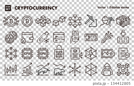 暗号通貨、仮想通貨のアイコンイラストセット EPS版は線の太さ等編集可能 暗号通貨、仮想通貨のアイコンイラストセット EPS版は線の太さ等編集可能 134412805