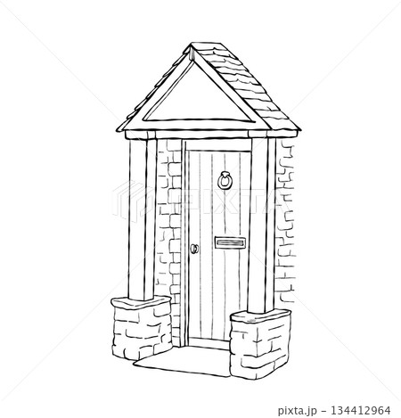 Hand drawn cottage front door with stone porch columns and gable roof entrance isolated on white background for home decor and real estate design 134412964