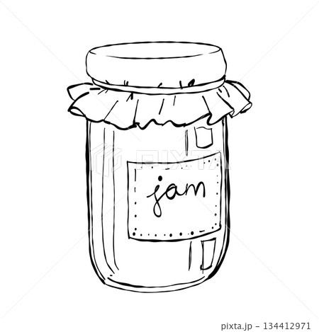 Homemade jam jar with fabric cover and handwritten label hand drawn line art isolated on white background for food packaging and cafe branding 134412971