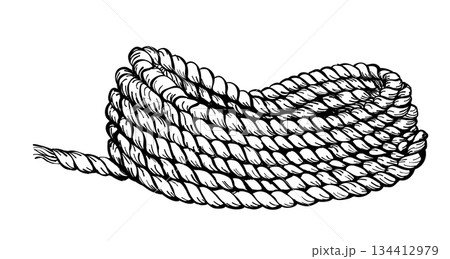 Coiled rope bundle black and white outline twisted fiber cord nautical supply line drawing for marine decor packaging hardware store camping and craft themes 134412979