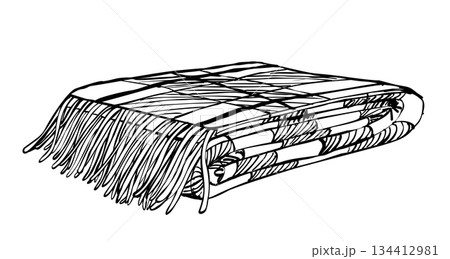 Folded plaid blanket with fringe black and white outline cozy throw textile line drawing for home decor packaging branding winter comfort bedding and interior themes 134412981