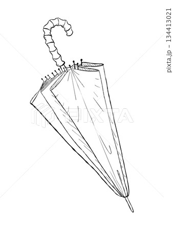 Hand drawn closed umbrella with curved handle in vintage sketch style isolated on white background for rainy weather themes Hand drawn closed umbrella with curved handle in vintage sketch style isolated on white background for rainy weather themes 134413021