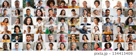 A vibrant collage featuring multiracial individuals sharing smiles and laughter. The setting highlights the beauty of diversity in a joyful and uplifting atmosphere, showcasing various lifestyles. 134413409