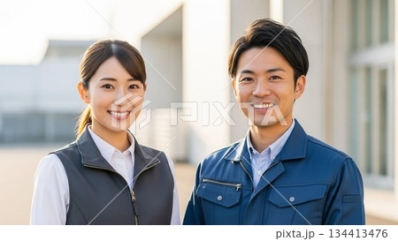 作業着の若い男女 134413476