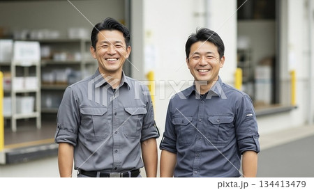 作業着を着た笑顔のミドル男性 134413479