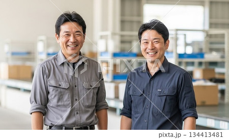 作業着を着た笑顔のミドル男性 134413481