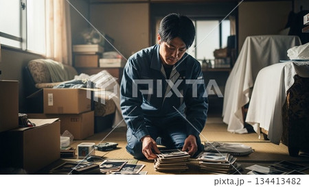 散らかった部屋で遺品整理をする男性作業員 134413482