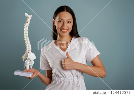 Nurse is holding spine model in hands. Young woman is in the studio against background Nurse is holding spine model in hands. Young woman is in the studio against background 134413572
