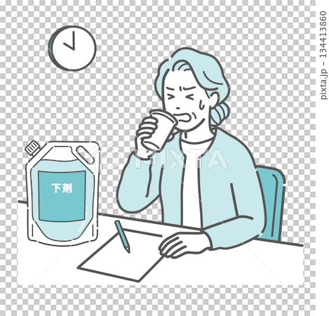 大腸カメラの前処置で下剤を飲むのが辛そうな高齢女性 134413860