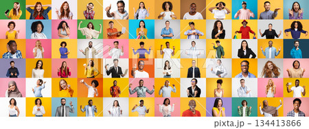 A vibrant collage features a diverse group of people expressing joy and individuality. Each portrait highlights the beauty of multiethnic and multiracial lifestyles against colorful backgrounds. 134413866