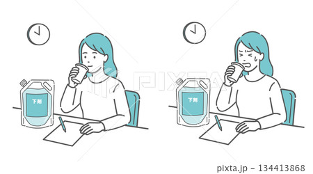 大腸カメラの下剤服用比較イラスト（余裕な女性と苦戦する女性） 134413868