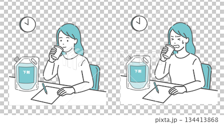 大腸カメラの下剤服用比較イラスト（余裕な女性と苦戦する女性） 134413868