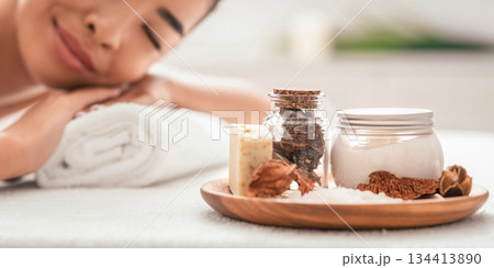 Spa Relax. Calm Asian Woman Resting On Massage Table During Aromatherapy Session In Salon, Enjoying Wellness And Beauty Treatments With Natural Cosmetics, Closeup Shot With Selective Focus Spa Relax. Calm Asian Woman Resting On Massage Table During Aromatherapy Session In Salon, Enjoying Wellness And Beauty Treatments With Natural Cosmetics, Closeup Shot With Selective Focus 134413890