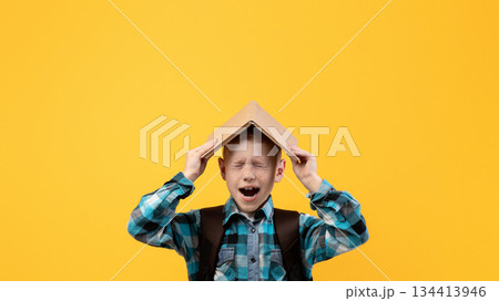Stressed schoolboy with backpack covering head with book and yelling on yellow studio background, got tired of studying, need for rest, copy space. Ginger boy holding book on his head and screaming Stressed schoolboy with backpack covering head with book and yelling on yellow studio background, got tired of studying, need for rest, copy space. Ginger boy holding book on his head and screaming 134413946