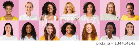 Closeup portraits of multiethnic women of different ages in casual outfits over pink studio backgrounds, collage, panorama. Creative image of attractive smiling multiracial female photos 134414148