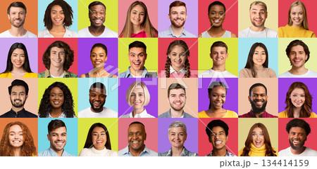 Multiple Portraits Of Multiethnic People In Collage Over Different Colorful Backgrounds. Happy Women And Men Of Different Age And Ethnicity Smiling To Camera. Collage Of Headshots, Panorama Multiple Portraits Of Multiethnic People In Collage Over Different Colorful Backgrounds. Happy Women And Men Of Different Age And Ethnicity Smiling To Camera. Collage Of Headshots, Panorama 134414159