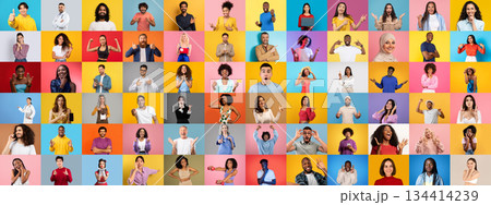 A vibrant collage highlights a diverse group of people, each displaying unique expressions and gestures. A vibrant collage highlights a diverse group of people, each displaying unique expressions and gestures. 134414239