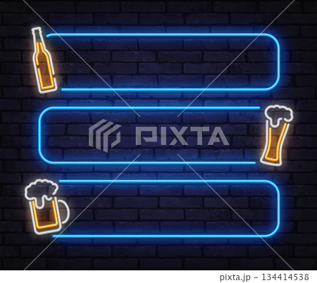 Minimal neon vector frame set with beer bottle, mug icons, and horizontal panels. Created for pub menus, price lists, and modern bar presentations. Minimal neon vector frame set with beer bottle, mug icons, and horizontal panels. Created for pub menus, price lists, and modern bar presentations. 134414538