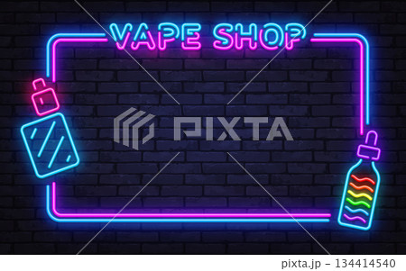 Bright neon vector frame with vape shop sign, e liquid bottles, and glowing accents. Perfect for store banners, promotions, and modern urban branding. Bright neon vector frame with vape shop sign, e liquid bottles, and glowing accents. Perfect for store banners, promotions, and modern urban branding. 134414540