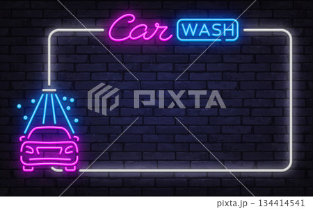 Modern neon vector frame with car wash sign and washing vehicle icon. Suitable for auto service promotion, garage branding, and urban commercial designs. 134414541