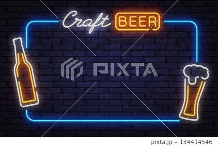 Stylish neon vector frame with craft beer sign, bottle, and foam glass icon. Great for bar advertising, brewery branding, and nightlife posters. Stylish neon vector frame with craft beer sign, bottle, and foam glass icon. Great for bar advertising, brewery branding, and nightlife posters. 134414546