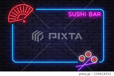 Colorful neon vector frame with sushi bar text, fan symbol, and chopsticks. Great for Japanese cuisine advertising, nightlife posters, and trendy restaurant concepts. 134414552