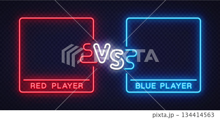 Dynamic neon vector versus frame with red and blue player panels. Perfect for gaming streams, esports layouts, and competitive battle screens. 134414563