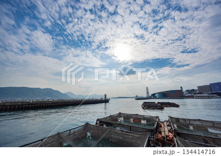 養殖筏が並ぶ下関の唐戸港 134414716