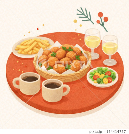 揚げ物｜おうちパーティ素材｜朱色の円卓　Generative AI 134414737