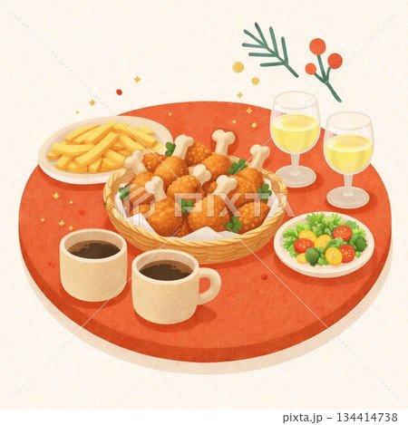 フライドチキン｜おうちパーティ素材｜朱色の円卓　Generative AI 134414738